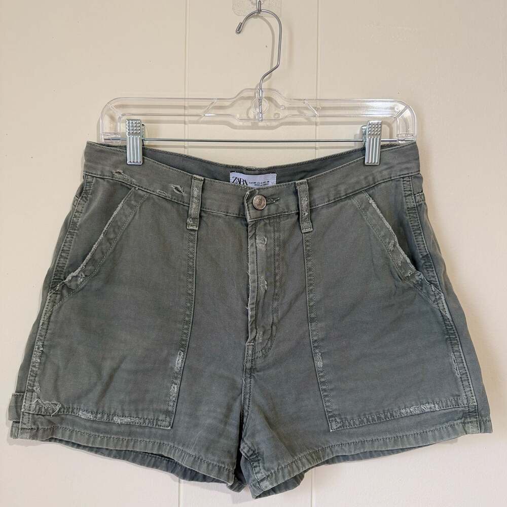 Zara Olive Green Distressed Utility Cargo Shorts Size 6